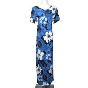 Vintage Y2K Hilo Hattie Hawaiian Original Maxi Dress Large Blue Floral Rayon
